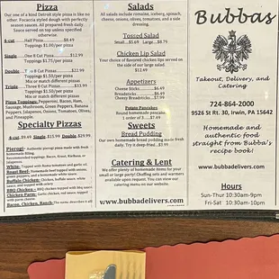 The pizza and salad side of the menu. Their website shows the sandwiches, sides, and many pierogi varieties.