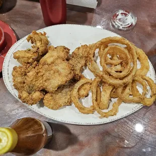Oysters, fish, and onion rings