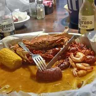 The remainder of Mudbug &amp; tails and blue crab platter