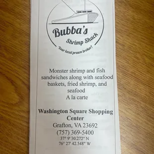 Bubbas Shrimp Shack menu cover