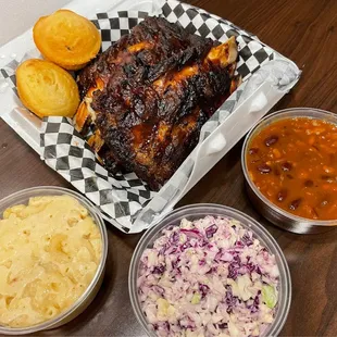 Full Beef Ribs plate. The ribs, baked beans, Mac n cheese were excellent!  Cornbread &amp; extra side of coleslaw needs more flavor.