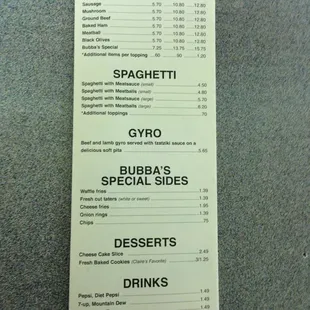 Menu pg. 3, Pizza&apos;s, Spaghetti, Gyro, Side&apos;s, Deserts, Drinks