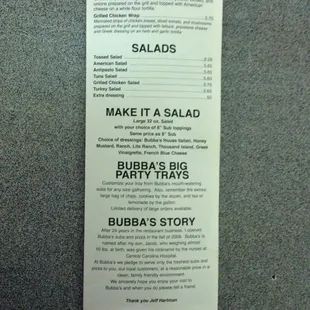 Menu pg.3, Wraps, Salads, Party Tray Info, Bubba&apos;s Story