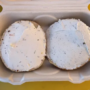 Everything bagel w honey/lavender &amp; salmon cream cheeses (50/50)!