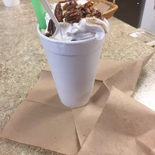 Praline Milkshake topped with pecans