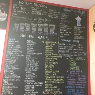 Snowball flavors, shakes and malts, food and snacks.