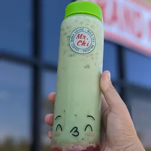 MLM - matcha with strawberry syrup, and I added crystal boba
