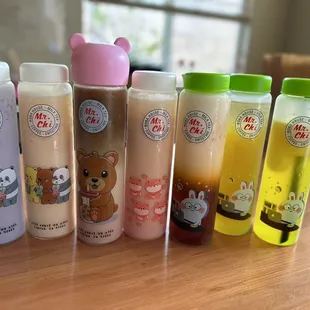 Variety of drinks from mango slush, green tea, Thai milk tea, taro milk tea, rose milk (black tea) and milk tea with espresso.