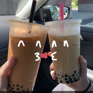 Thai milk tea (so amazing!!) and peach milk tea, both with tapioca boba.