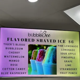 Shaved ice menu
