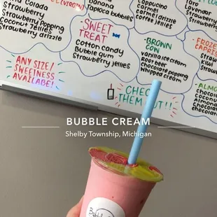 Green Tea, strawberry milk tea, strawberry pearls, blended