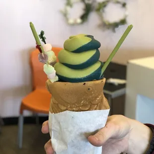 Cookie Monster and Matcha swirl in fish cone