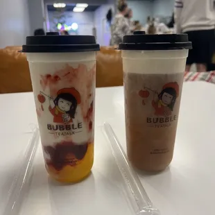 Dirty Boba Tea (Strawberry) with several topppings and Black tea with milk foam.