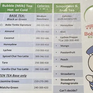 a menu for bubble tonka