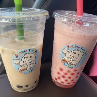 Brown Sugar Milk Boba with Tapioca pearls and Strawberry Slush with Strawberry pearls