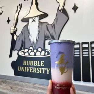 Strawberry taro tea with golden boba