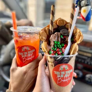 Bubble waffle and fruity tea