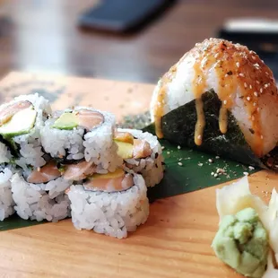 Salmon Avocado Roll and  Smoked Salmon Onigiri