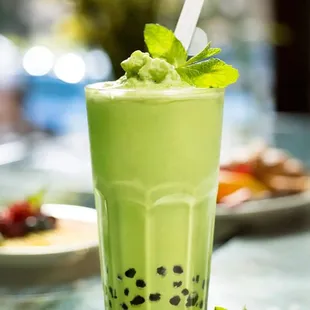 a glass of bubble tea