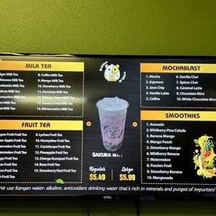 a menu for bubble tea