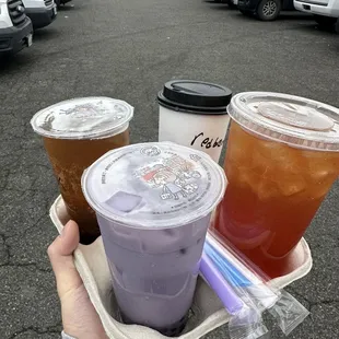 Taro Milk Tea, Black Tea, Red Bean Milk Tea, and a Fruit Tea