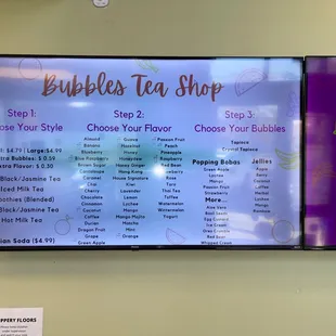 a menu for bubbles tea shop