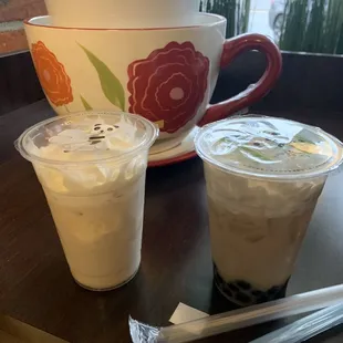 Vanilla milk tea and honey caramel milk tea with tapioca