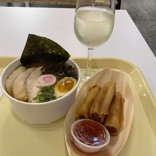 Ramen, spring rolls and wine from bar