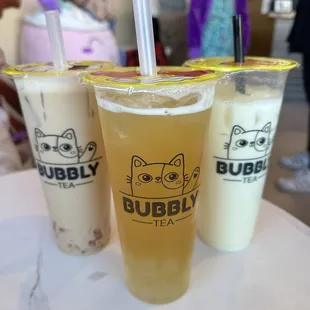 Mango fruit tea, mango yogurt and brown sugar tea