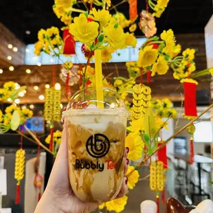 a hand holding a cup of iced coffee