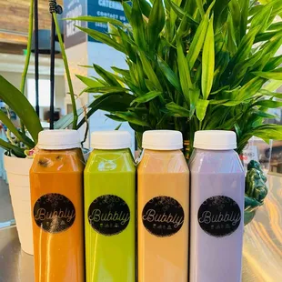four bottles of juice on a table next to a potted plant