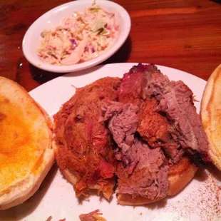 Half pulled pork and half sliced brisket.