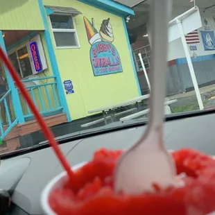 Strawberry and coconut mixed and stuffed snoball! Yum!