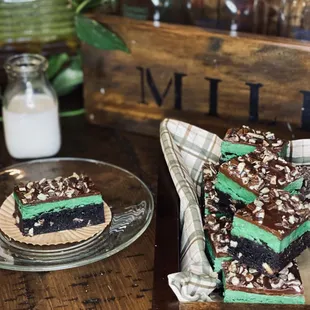 a chocolate and mint slice on a plate