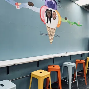 a row of stools and tables