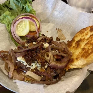 Elk Quarter Pound burger with sautéed onions, bleu cheese, and bacon. (So GOOD!!!)