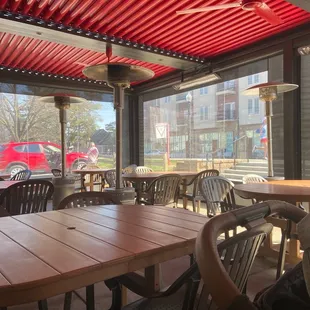 Patios with lots of heaters to keep you warm. April 2021.