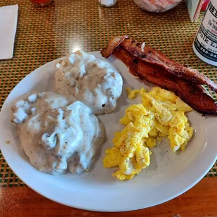 Scrambled eggs, thick cut bacon, and a half order of biscuits and Gravy- the ultimate in comfort food!
