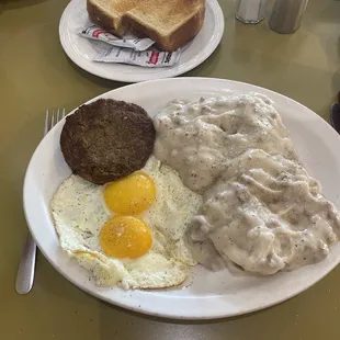 2 Biscuits &amp; Gravy, eggs and sausage (sausage has a kick to it)