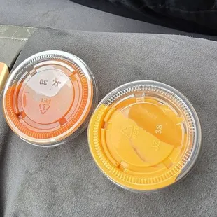 Sauces. Both great. Red spicy 7/10. Orange 6/10