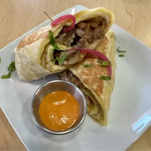 Breakfast burrito - normally stuffed with bacon and chorizo but this gal doesn't eat pink puppies anymore