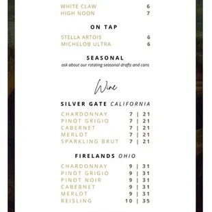 Beer and wine menu