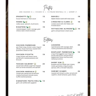 Pasta and entrée menu