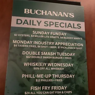 Daily Specials sign (as seen February 2024)