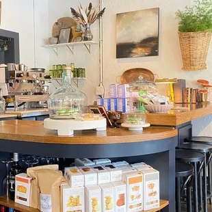 a counter with wine bottles on it