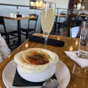 Lavender Lemonade Mimosa and Baked French Onion Soup