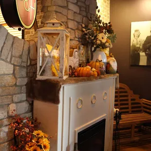 a fireplace in a restaurant
