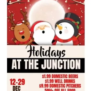 Holiday special at buck cafe bar and lounge. Now until December 29 2023. We're open 7 days a week. Celebrate with us this holiday season.