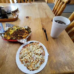 7 inch personal pizza, loaded waffle fries, and large XXX rootbeer