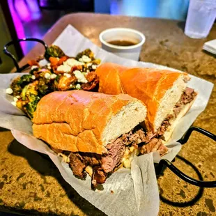 French dip with brussel sprouts--surprisingly good for bar food